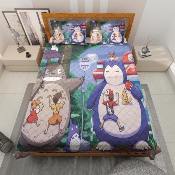 Casa Mas Grande De Totoral - Totoro and Snorlax At The Bus Stop Quilt Bedding Set-Bed Set, Casa Mas Grande De Totoral, House Decor, My Neighbor Totoro