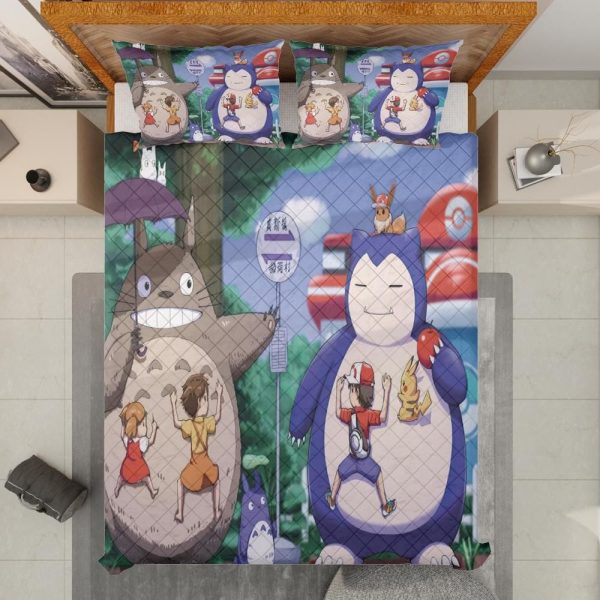 Casa Mas Grande De Totoral - Totoro and Snorlax At The Bus Stop Quilt Bedding Set-Bed Set, Casa Mas Grande De Totoral, House Decor, My Neighbor Totoro