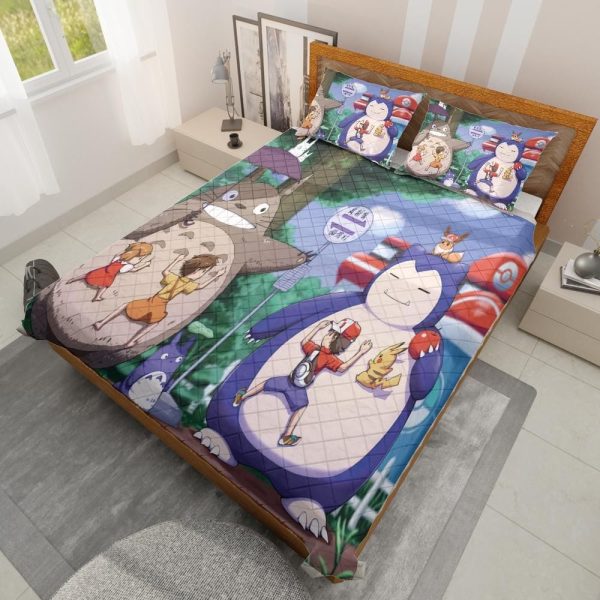 Casa Mas Grande De Totoral - Totoro and Snorlax At The Bus Stop Quilt Bedding Set-Bed Set, Casa Mas Grande De Totoral, House Decor, My Neighbor Totoro