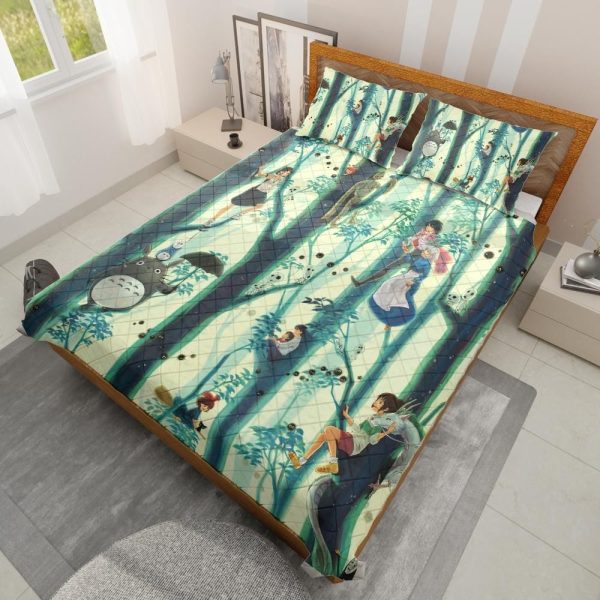 Totoro Catbus - Totoro and Friends in The Jungle Quilt Bedding Set-Bed Set, House Decor, My Neighbor Totoro, Totoro Catbus