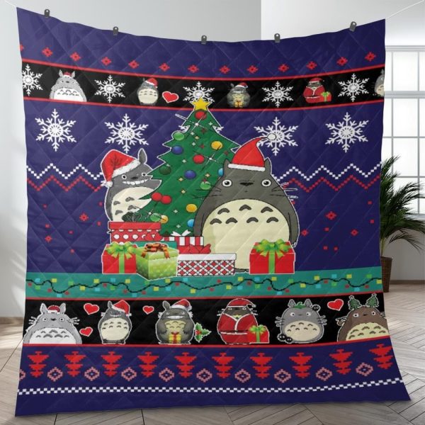 Totoro Drawing - My Neighbor Totoro Blue Christmas Quilt Blanket-Bed Set, House Decor, My Neighbor Totoro, Totoro Drawing