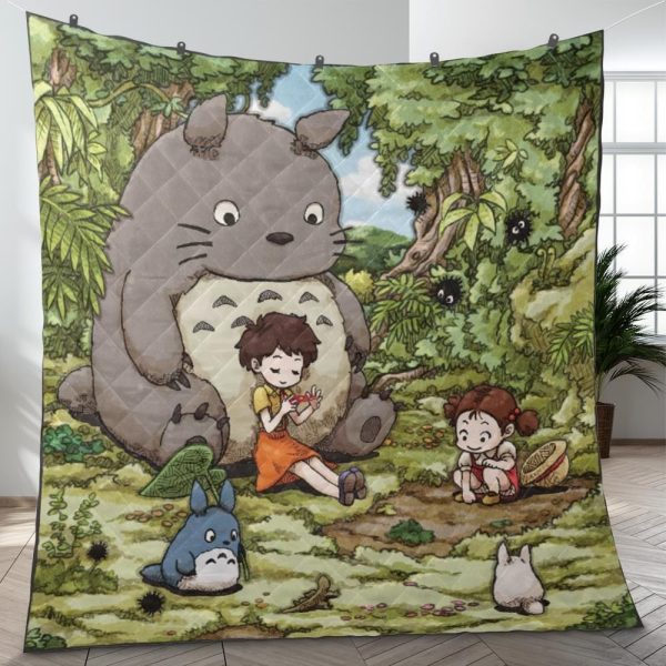 Totoro Soot Gremlins - Totoro and The Girls Quilt Blanket-Bed Set, House Decor, My Neighbor Totoro, Totoro Soot Gremlins