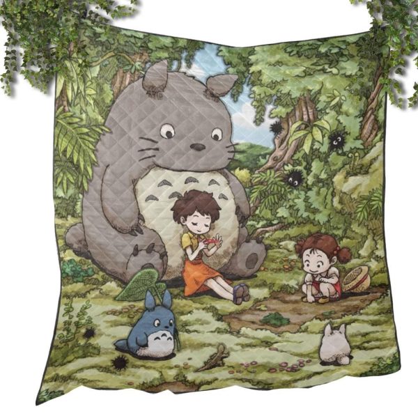 Totoro Soot Gremlins - Totoro and The Girls Quilt Blanket-Bed Set, House Decor, My Neighbor Totoro, Totoro Soot Gremlins