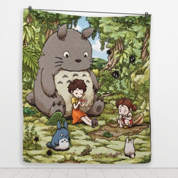 Totoro Soot Gremlins - Totoro and The Girls Quilt Blanket-Bed Set, House Decor, My Neighbor Totoro, Totoro Soot Gremlins