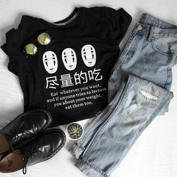 Spirited Away 2001 - Kaonashi No Face “Eat Whatever You Want” T Shirt For Woman-Apparel, kaonashi, no face, Spirited Away, Spirited Away 2001, Tshirt